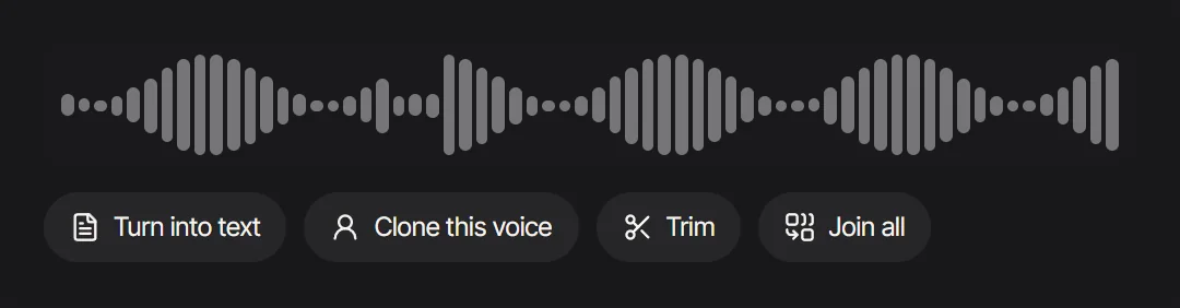 A recorded take with buttons to turn it into text, clone the voice, trim it or join takes