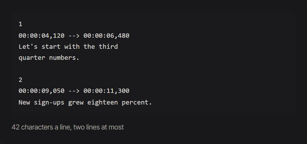 An SRT file with two numbered subtitles and their start and end times