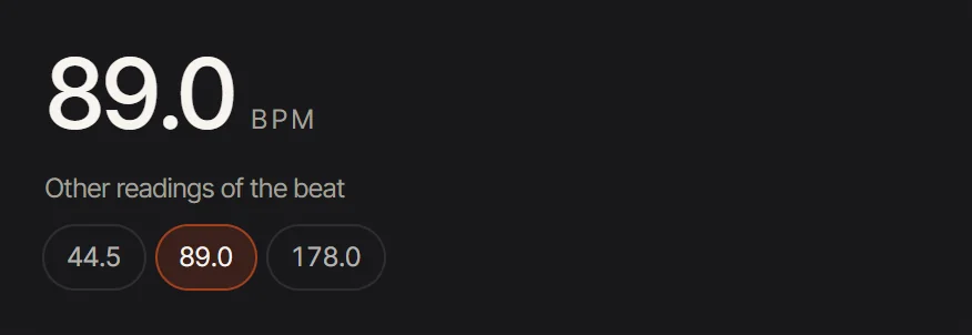 A BPM reading of 89.0 with the other readings of the same beat: 44.5, 89.0 and 178.0