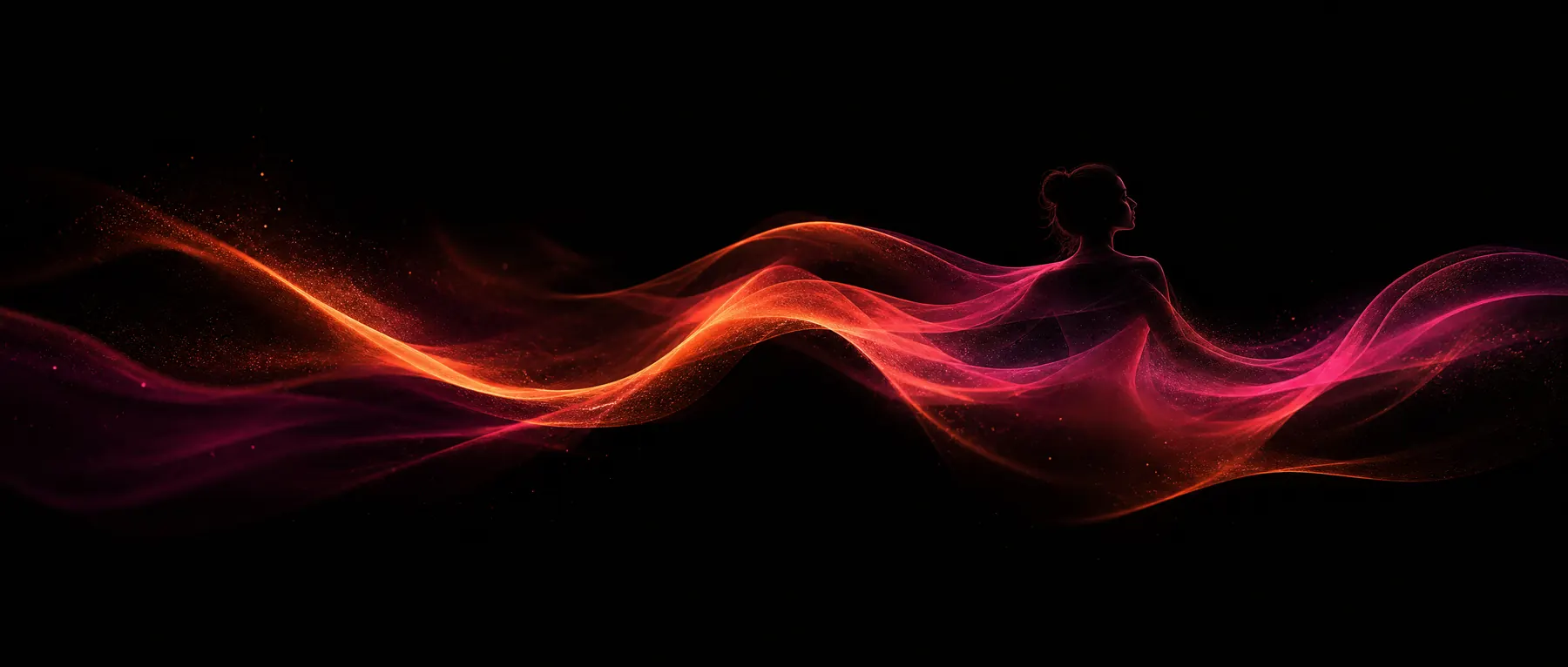 Ribbons of ember and magenta light flowing on black