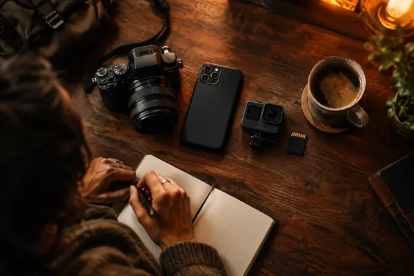 Cameras and a phone on a desk