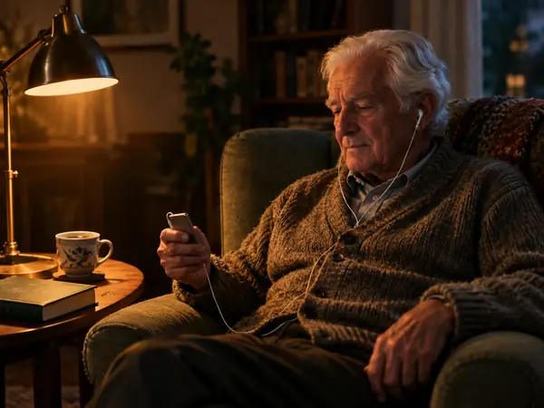 Listening to an audiobook in an armchair