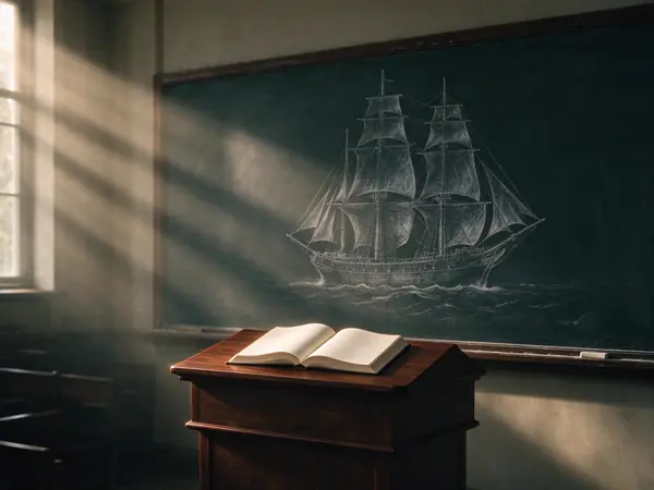 A chalkboard and a lectern in the morning light