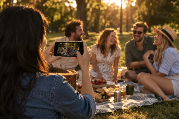 Filming friends at a picnic on a phone