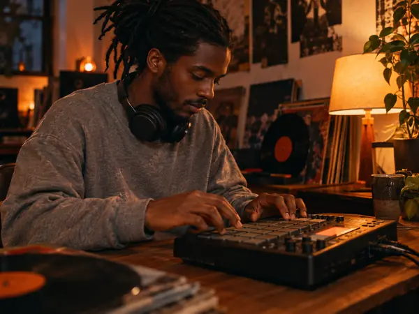 A beatmaker playing a hardware sampler