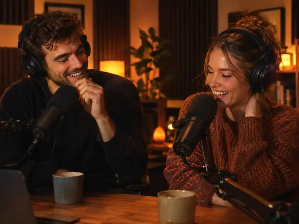 Two podcast hosts recording an episode