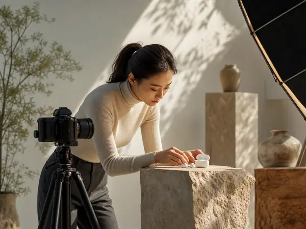 A marketer filming wireless earbuds