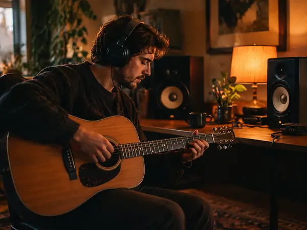 A musician listening back in a home studio