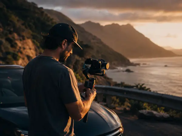 A filmmaker shooting a coastal road