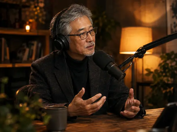 A podcast host at the microphone