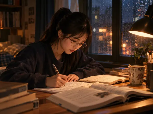A student studying at night