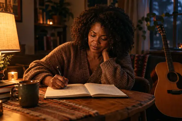 A songwriter writing lyrics at home