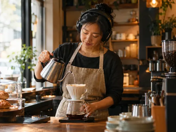A cafe owner listening to a jingle