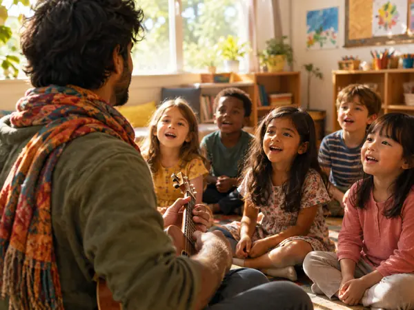 A teacher singing with a class