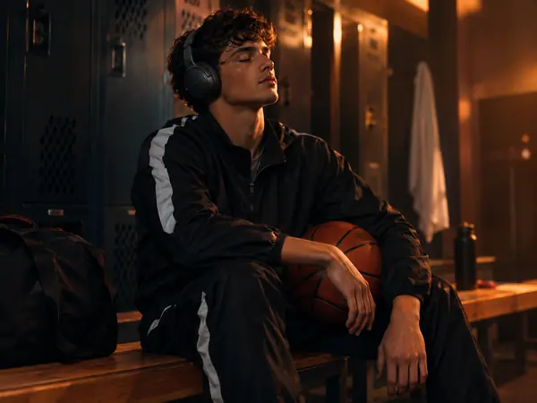 A basketball player listening to a hype track