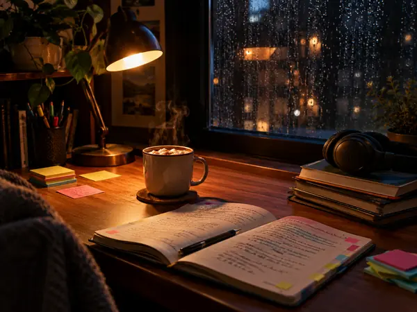 A study desk late at night