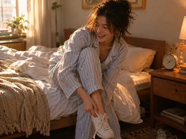 A woman jumping out of bed to start the day
