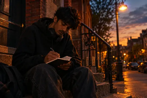 A young man writing rap lyrics on the steps