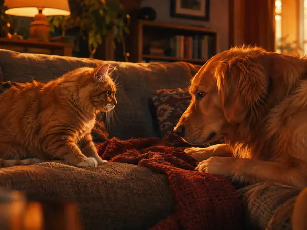 猫和狗在沙发上对峙