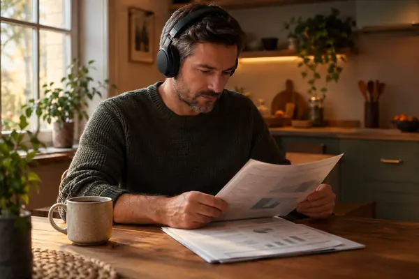 A man listening to a report as a podcast