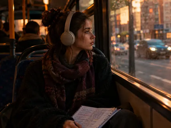A student revising on the bus with headphones