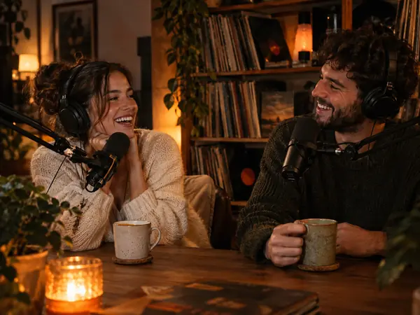 Two hosts recording a podcast about music