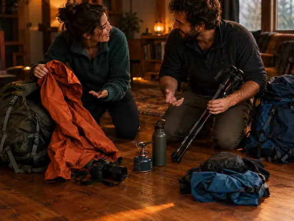 Two hikers deciding what to pack