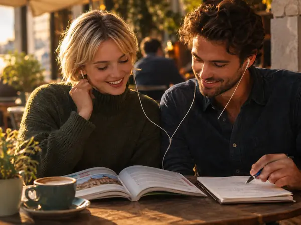 Two language learners listening to a podcast