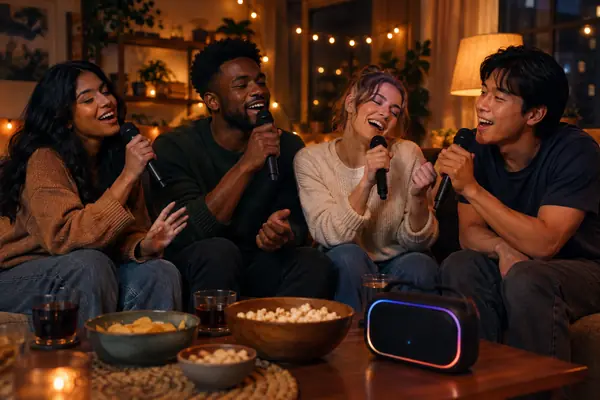 Friends singing karaoke at home