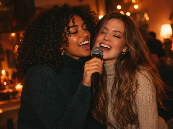 Two friends singing karaoke