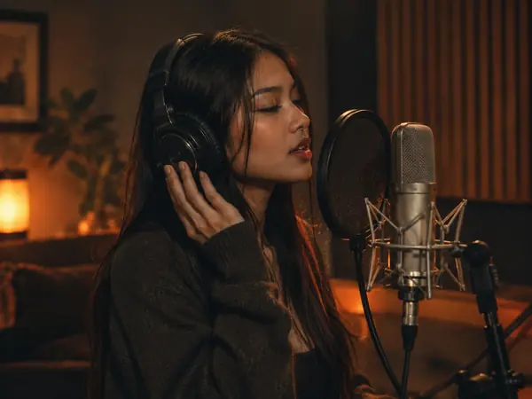 A singer practicing with headphones