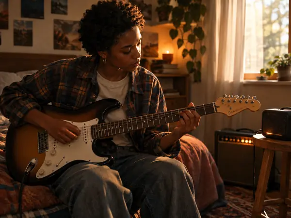 A guitarist playing along to a track