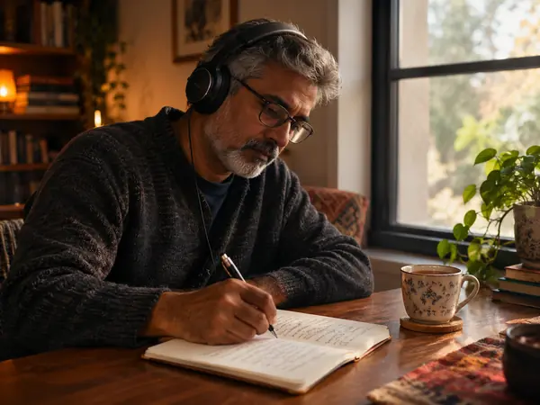 A man in headphones writing down lyrics