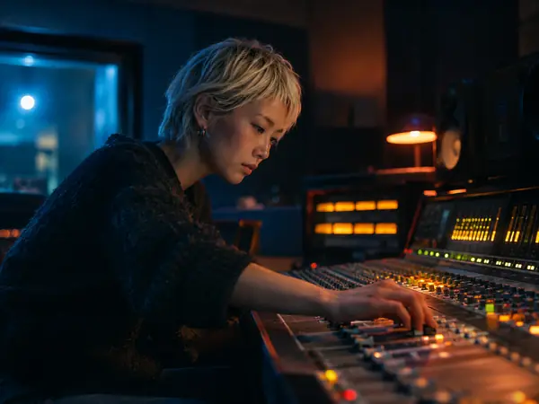 A producer working on a desk of gear