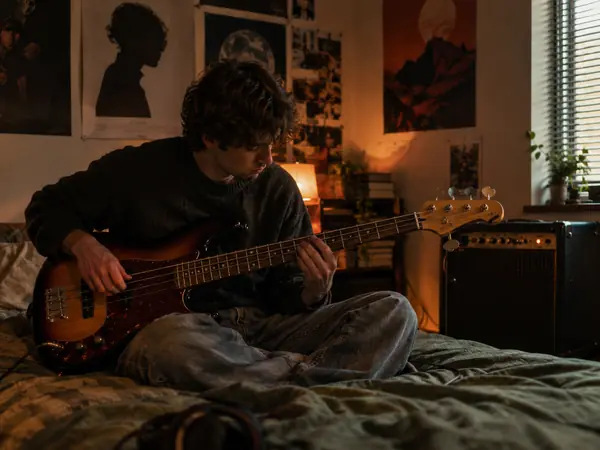 A bass player practicing