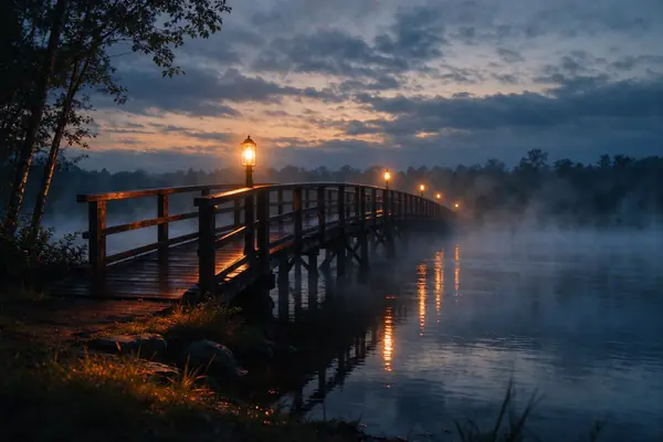 A footbridge over a misty river at dawn