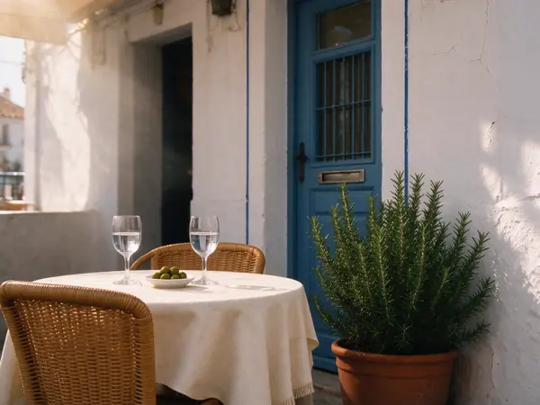 A small table on a sunlit Spanish restaurant terrace