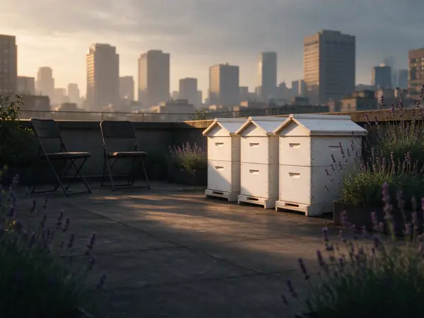 Beehives and two chairs on a rooftop at golden hour