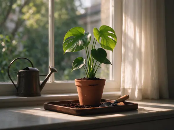 A freshly repotted plant on a sunny windowsill