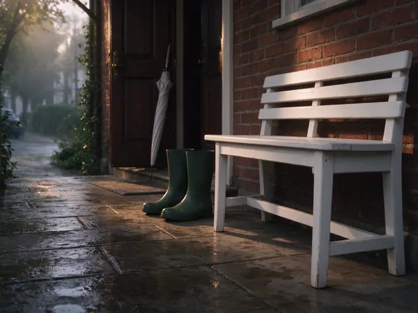A house porch with rain boots on a fresh morning