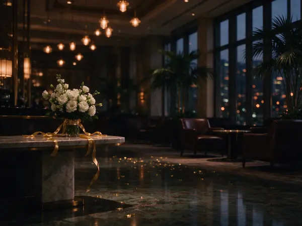 White flowers in a hotel lobby after a launch event