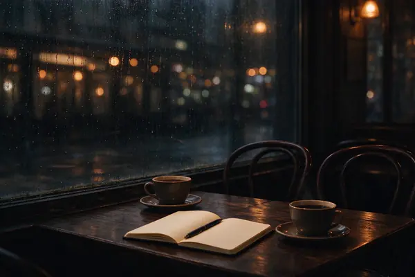 A paused conversation at a rainy cafe table