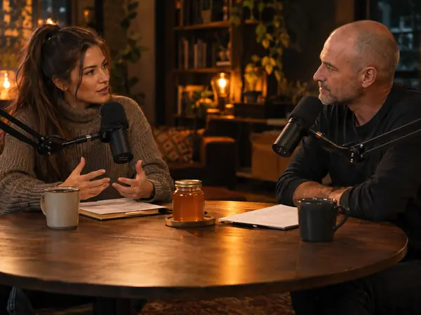 A podcast host and her guest at the microphones