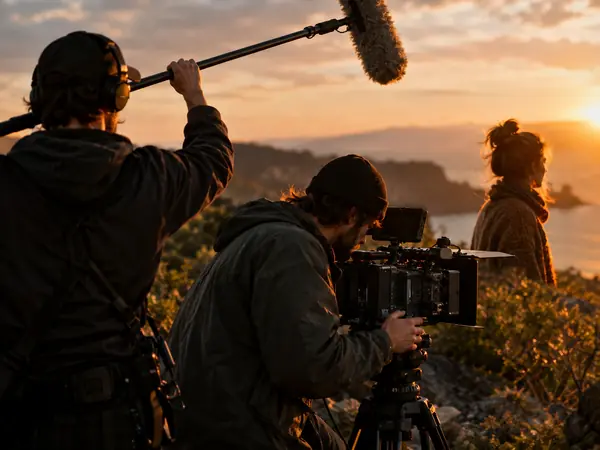 A film crew shooting a scene by the sea