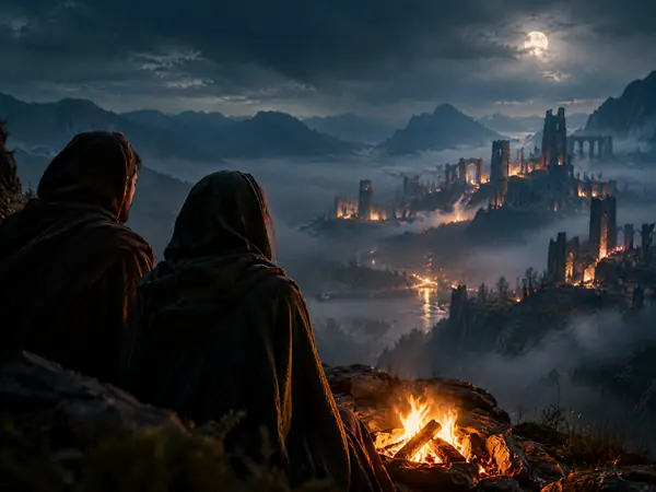 Two adventurers by a campfire, like a game scene