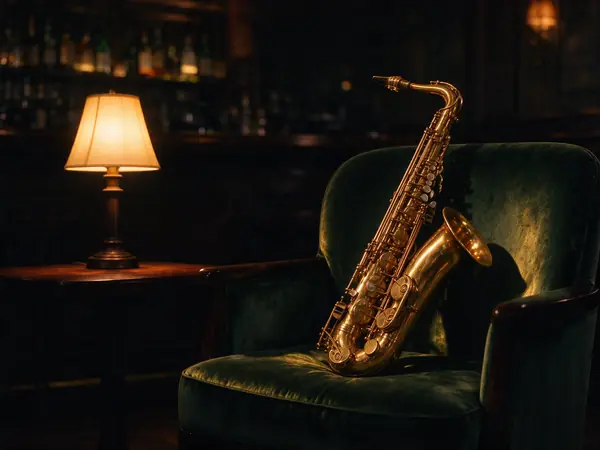 A saxophone on a velvet chair in an empty jazz bar