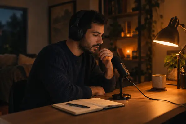 Recording his voice at a home desk