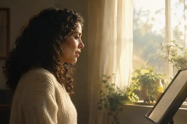 Reading a page aloud by a sunny window