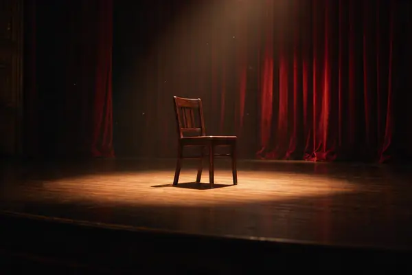 A chair on an empty stage in a beam of light