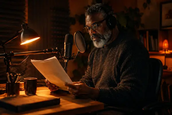 A narrator reading a script into a microphone